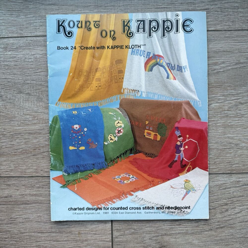 Vtg 80s Cross-Stitch Patterns Create with Kappie Kloth Book 24 Towels Afghan